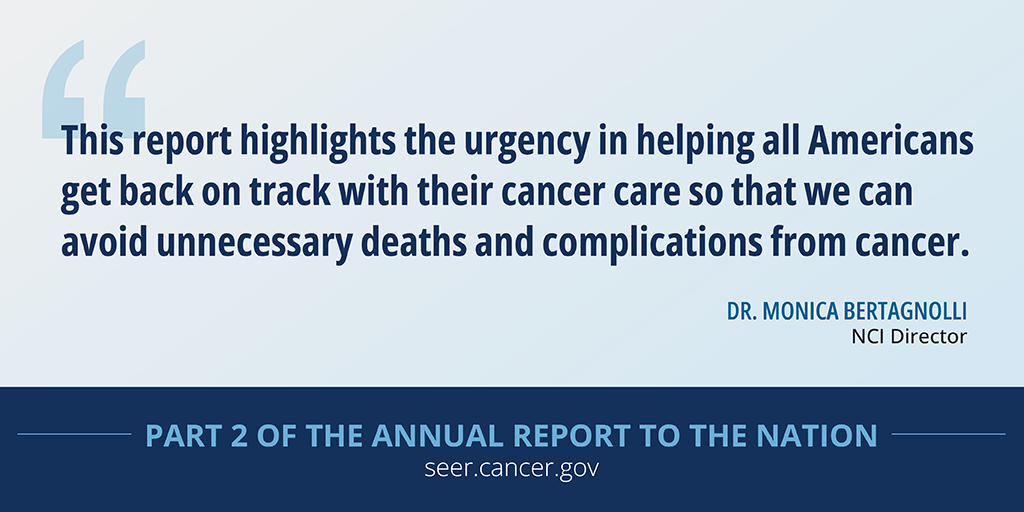 Quote from NCI Director Dr. Monica Bertagnolli: This report highlights the urgency in helping all Americans get back on track with their cancer care so that we can avoid unnecessary deaths and complications from cancer.